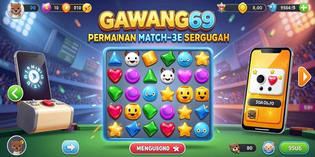 Screenshot utama GAWANG69 menampilkan gameplay Match-3 yang menarik dan penuh warna.