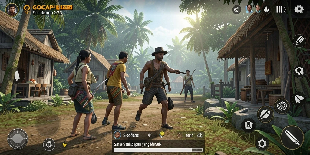 Tangkapan layar gameplay GOCAP123 yang menunjukkan interaksi sosial dan aktivitas dalam dunia simulasi.