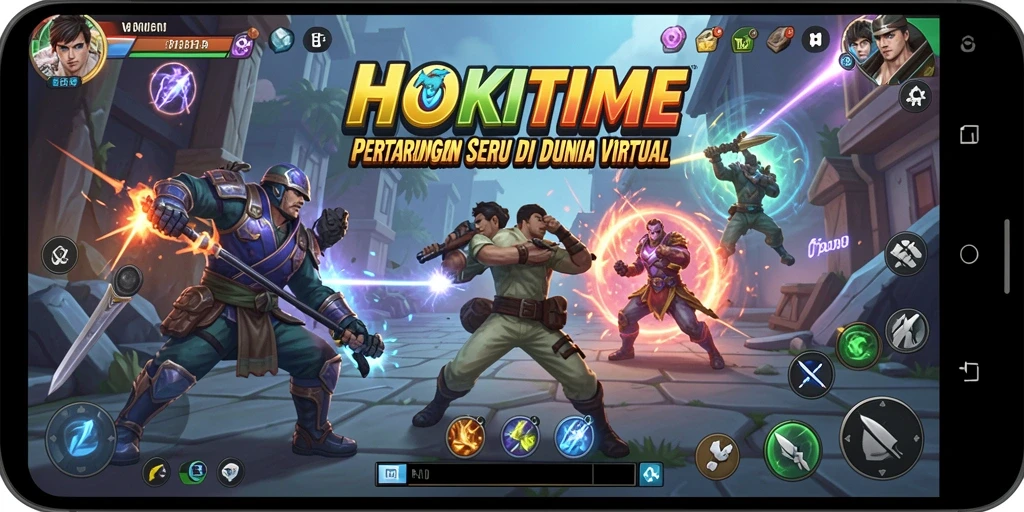 Tampilan gameplay seru dalam HOKITIME dengan pertarungan dinamis dan karakter yang unik.