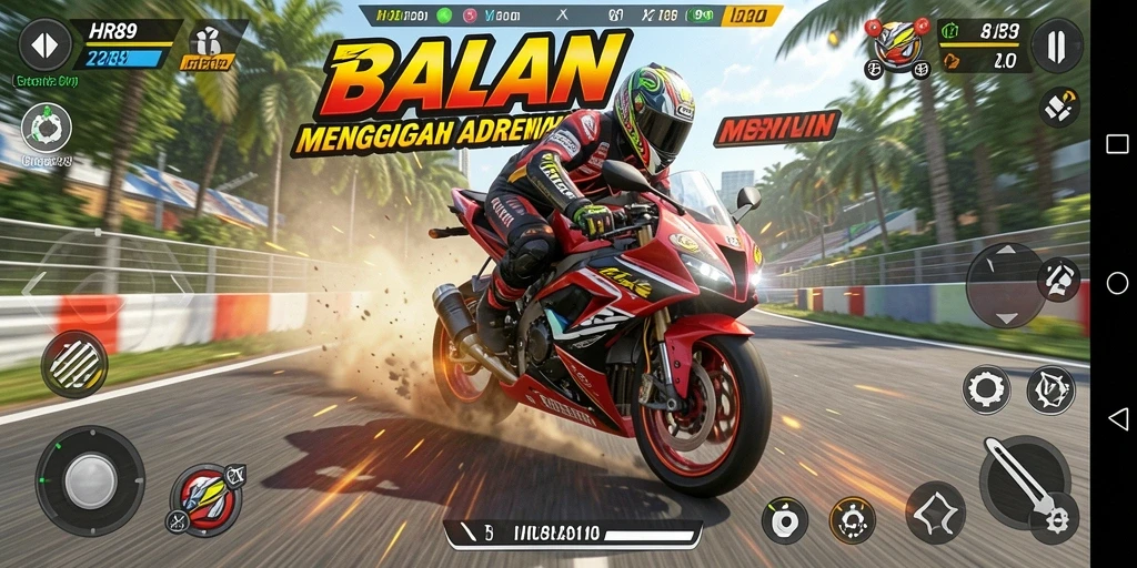 Gameplay mendebarkan dalam balapan motor yang kompetitif.