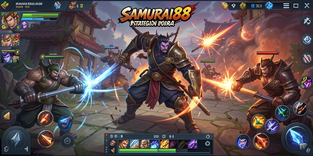 Tampilan dinamis gameplay <strong>SAMURAI88</strong> dalam pertempuran MOBA.