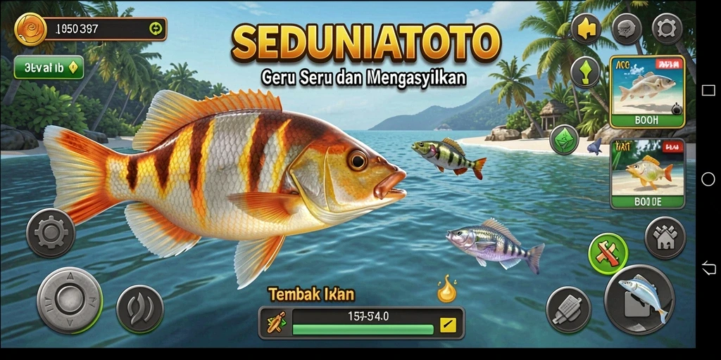 Tampilan seru gameplay SEDUNIATOTO saat menembak ikan.